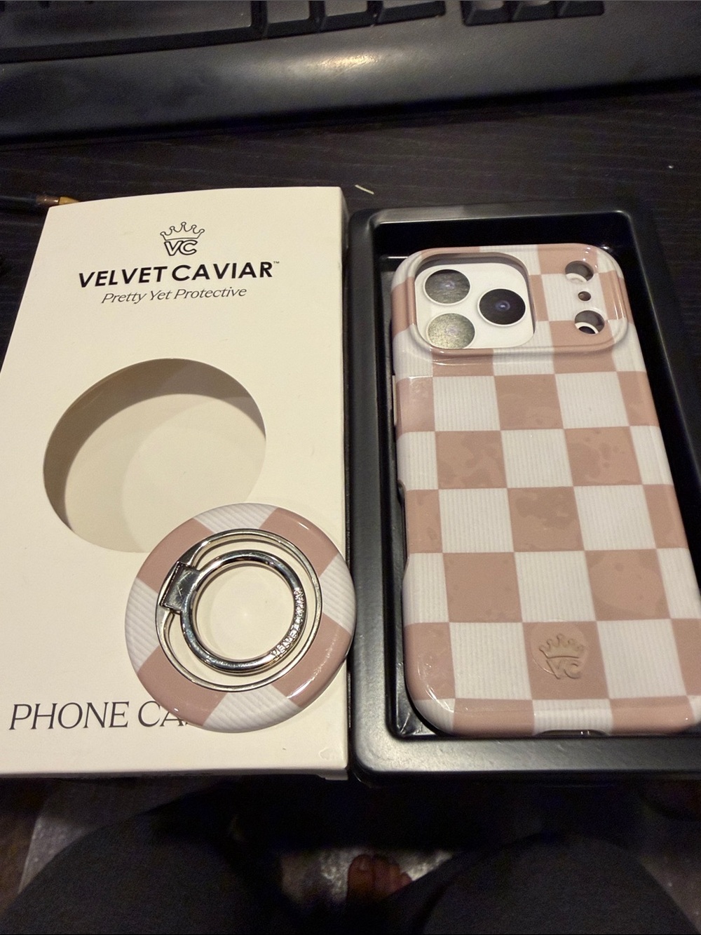 Velvet Caviar Pink and White Checkered Phone Case with Matching Ring